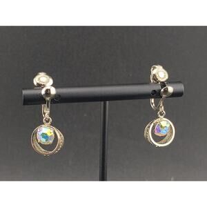 Vintage 50's Sorrento Sterling Silver & AB Crystal Filigree Screwback Earrings